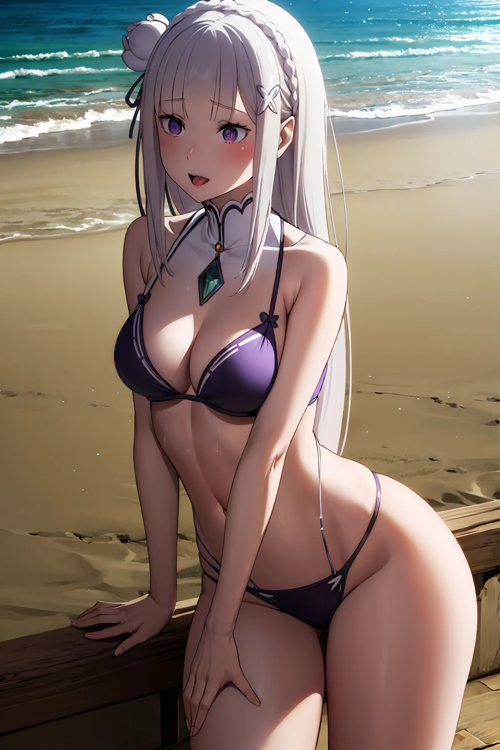 (((NSFW,masterpiece, Ultra-high resolution, Ultra-high-definition 8K image quality))), anime, Beautiful Mature Woman, Anatomically correct body structure, Small and cute face, Slender and well-proportioned body, (((Silver long hair, Lightly wavy hair))), (((clear beautiful red eyes, Eyes with highlights, Very long eyelashes))),Lewd,blush, Cute Smile, (((Overflowing super large breasts, Slim waist, Sexy big ass))), (((Nude,Purple micro bikini and thong))), Summer beach background,((Squat with your crotch wide spread)),