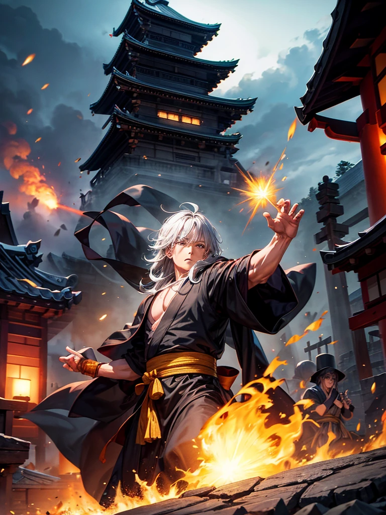 Highest quality,Highest Resolution,An old monk in a black robe shoots a Kamehameha-like beam from his hand and destroys buildings.,Japanese Temples,Destroying a building,