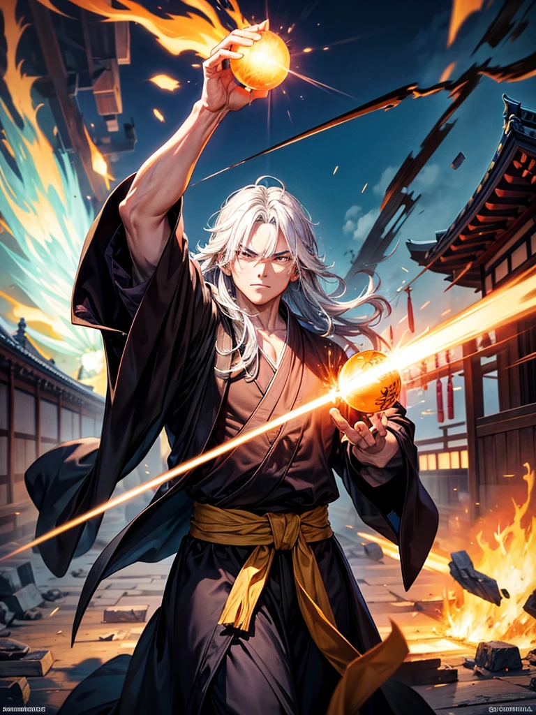 Highest quality,Highest Resolution,An old monk in a black robe shoots a Kamehameha-like beam from his hand and destroys buildings.,Japanese Temples,Destroying a building,