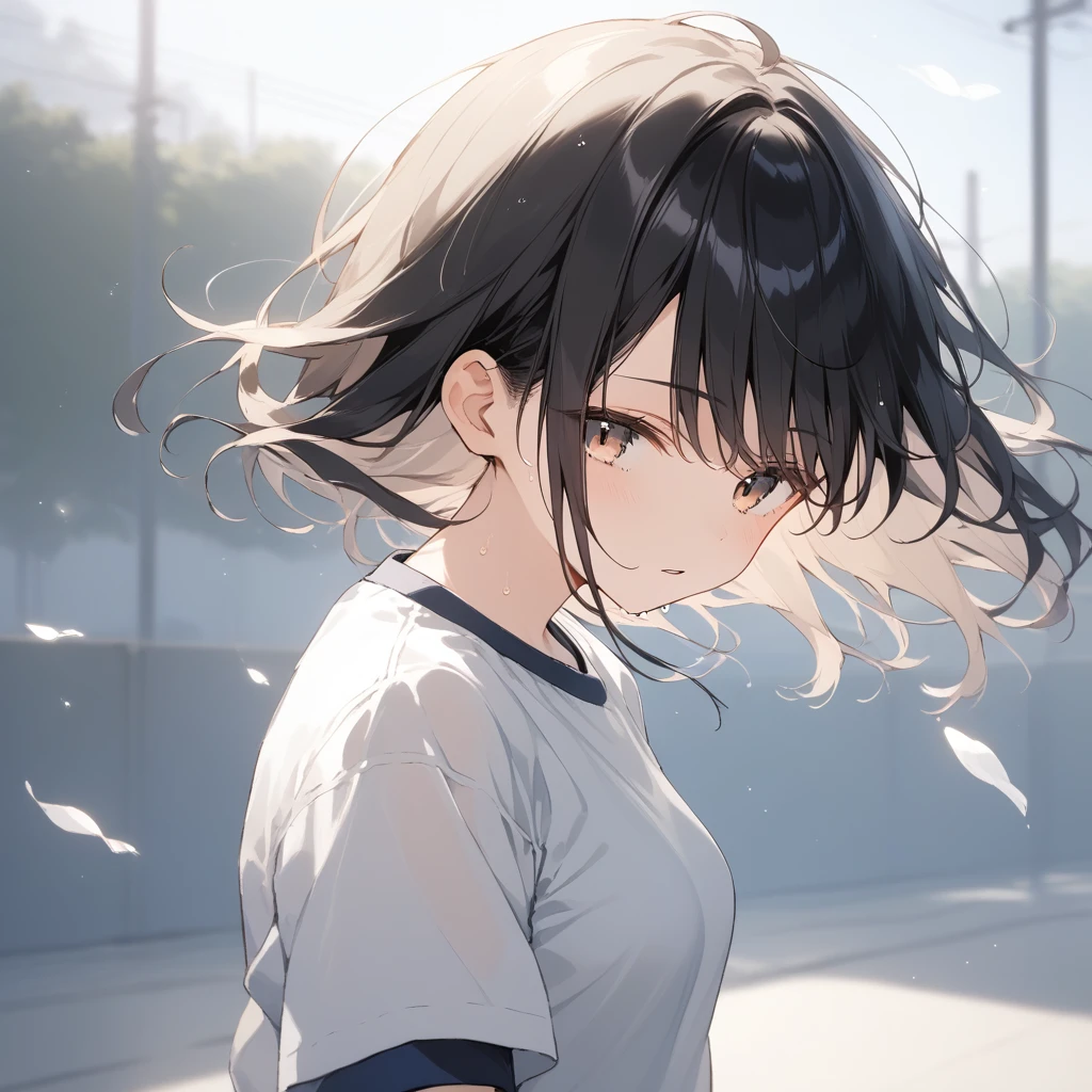 score_9, score_8_up, score_7_up, source_anime, best quality, masterpiece, official art, absurdres, highres, ultra-detailed,waifu2x,Collection: Slice of Life,break,1girl, 15-year-old, short hair, black hair, small breasts, beautiful detailed eyes, well-proportioned iris and pupils, parted lips, beautiful detailed lips, gym uniform, byke shorts, sweat, expressionless, sleepily, School ground, outdoors, wind, break,(clear line illustration:1.2),very high resolution, very aesthetic, super detailed skin, Best cinematic lighting powered by famous artist, 8k, beauty illustration,photoshop_(medium),,(Detailed Lighting),best anime 8k konachan wallpaper, pixiv contest winner,