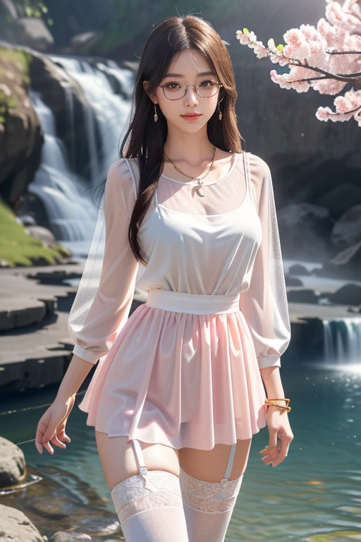 A woman，waterfall hot spring background at night，(8K Ultra HD、Digital SLR Camera、Soft Light、high quality、Volumetric Lighting、frank、photo、high resolution、4K、8K、Bokeh)，(Rich details on the eyes and face，warm color, Very saturated colors，Show a charming smile, Willow Leaf Eyebrows，Apricot eye prick，Cherry Blossom, mouth close, Balanced Eyes, Oval face，Perfect face, Pretty Face, Skin is transparent and visible, Fine-skinned tender meat，cosmetic, (Glasses),earrings，Bracelet，necklace, Jewelry，veil，Hair accessories)，(Create stunning images of real girls, warm light, Dynamic poses, Elegant Posture, Cowboy lens, Full body front view，Looks confident from the front，Body front facing the camera，Standing posture facing the camera，Open your legs slightly，Golden Ratio Graphics，Minimalism ), Southeast Asian women，Waist-length hair，Messy Hairstyle, Gradient hairstyles，Cyberpunk hairstyle，(Transparent clothes：1)，Pink clothes，Thin clothes。Transparent mesh clothes，Transparent clothes，Transparent bodysuit，（Sexy，Perfect breast shape、very detailed breasts，34E cup），No underwear，（Super high waist，Waist hollow，Levain），Black socks.（Transparent knee socks、吊garter，Leg ring，garter、腿部garter）