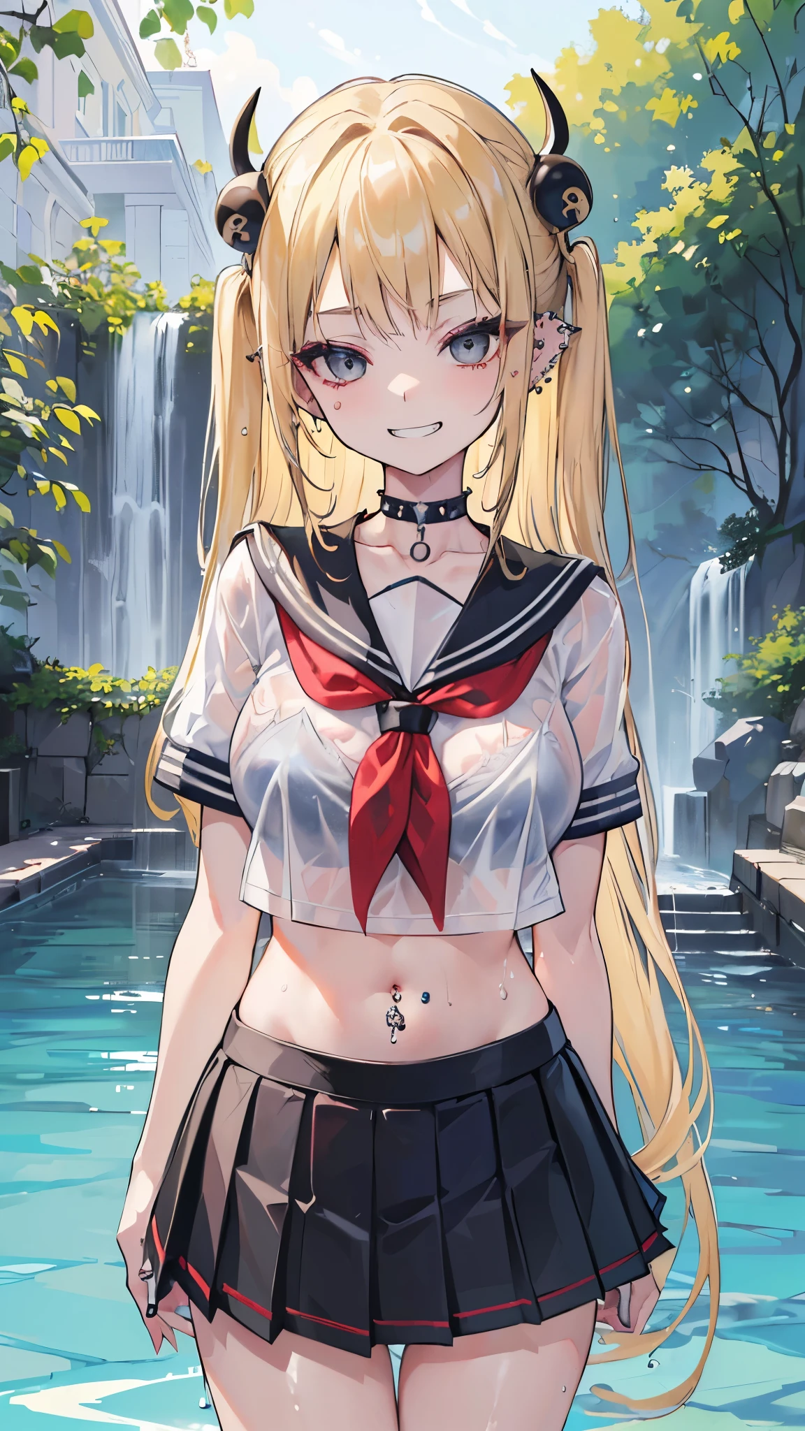 ((masterpiece、Highest quality、Very detailed))、One girl、Blonde、Long Hair、Grey Eyes、evil smile、((Grin))、((lots of piercing))、Large Breasts、((serafuku))、Short sleeve、((wet clothes))、bra visible through clothes、((navel piercing))、((Black pleated skirt))、Cowboy Shot、((Hide your arms behind your back))、Pool Background