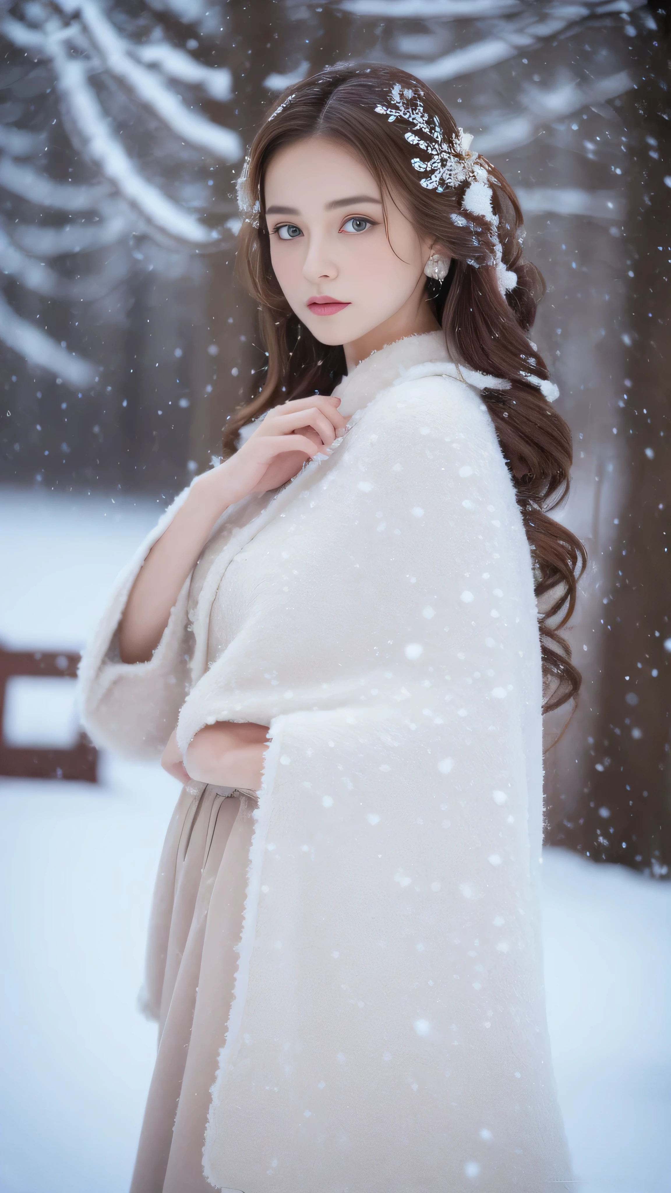 (highest quality, 8k, 32K,details are very clear),Realistic, High resolution, 1 Japanese Women, alone, (Lolita Costume),Gorgeous costumes,Facing the audience,(Upper Body,Upper limbs), Beautiful Eyes, brown hair, Ring-shaped eyes, (outside,Heavy snowfall,thick fur cape,Cover with snow),Snowfield,blue eyes,highest qualityのイラスト,Detailed facial features