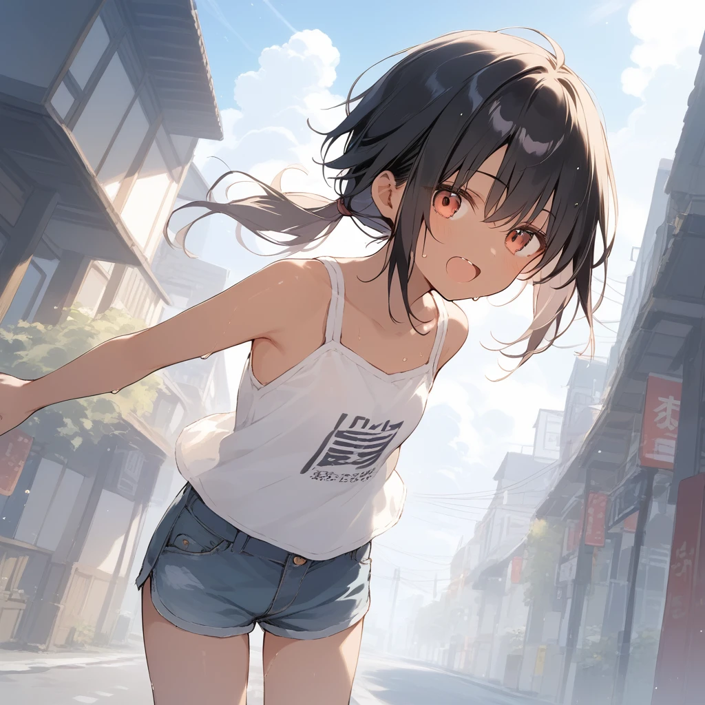 score_9, score_8_up, score_7_up, source_anime, best quality, masterpiece, official art, absurdres, highres, ultra-detailed,waifu2x,Collection: Slice of Life,break,1girl, tomboy, dark-skinned female, short hair, low ponytail, flat chest, beautiful detailed eyes, short shorts, sweat, open mouth, (yawn:0.3), sleepily, outdoors, wind, break,(clear line illustration:1.2),very high resolution, very aesthetic, super detailed skin, Best sexual lighting powered by famous artist, 8k,cute picture,beauty illustration,photoshop_(medium),,(Detailed Lighting),best anime 8k konachan wallpaper, pixiv contest winner,