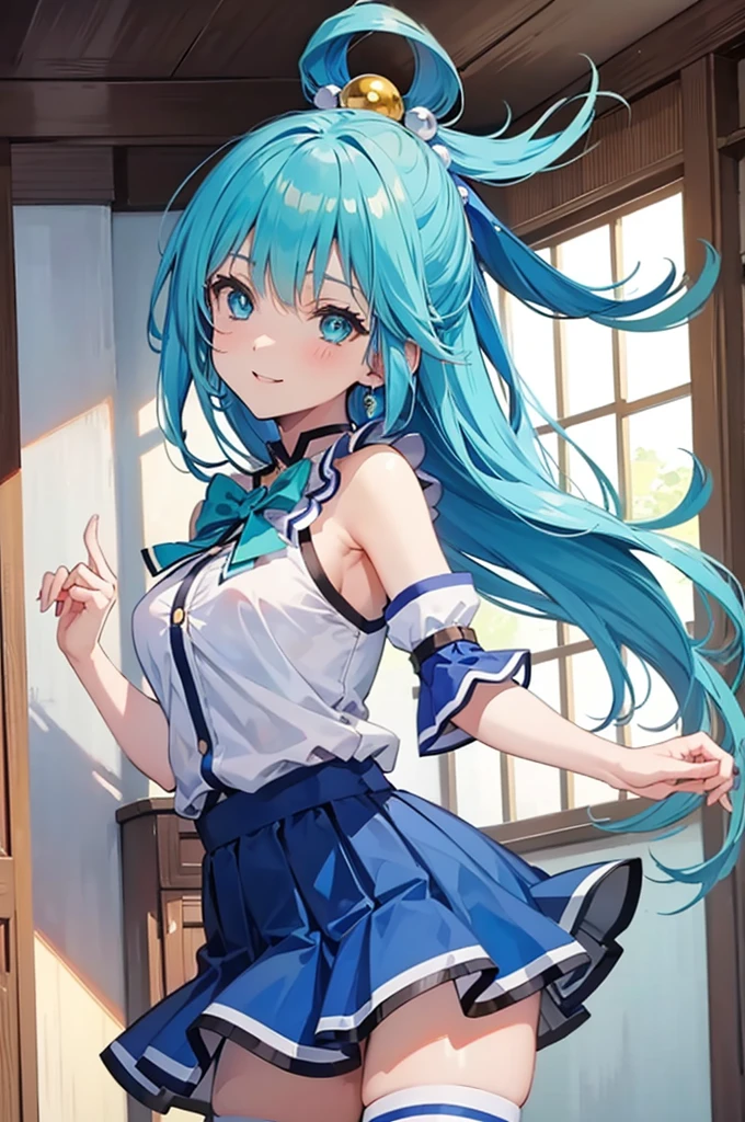 masterpiece, best quality, high resolution, best illustration, super fine illustration, (official art:0.7), (anime screencap:0.8), detailed beautiful face and eyes, anime keyvisual, (perfect anatomy:1.1), 8k portrait, (detail focus fingers:1.2), 
1girl,
Aqua, 
Aqua \(konosuba\),
long hair, single hair ring, 
blue hair, 
(blue eyes:1.2), (beatiful detailed eyes:1.2), 
green bow, 
medium breasts, 
blue shirt, blue skirt, white thighhighs, bare shoulders, detached sleeves, zettai ryouiki, 
looking at viewer, 
cowboy shot, 
natural light, background of indoor, smile, 