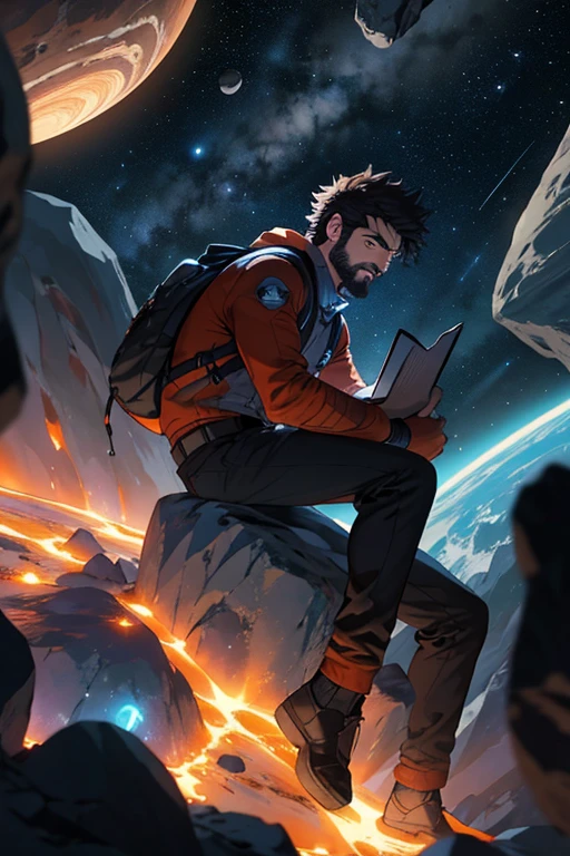 Draw a young programmer, sitting on a research platform floating in the middle of an asteroid belt. He is studying with a notebook, surrounded by several asteroids glowing with fiery auras. Dramatic lighting from distant stars and planets illuminates the scene, casting deep shadows on the suit. The young man looks confident and determined, looking at the vast and mysterious universe with wonder and respect,facial hair, cowboy shot,