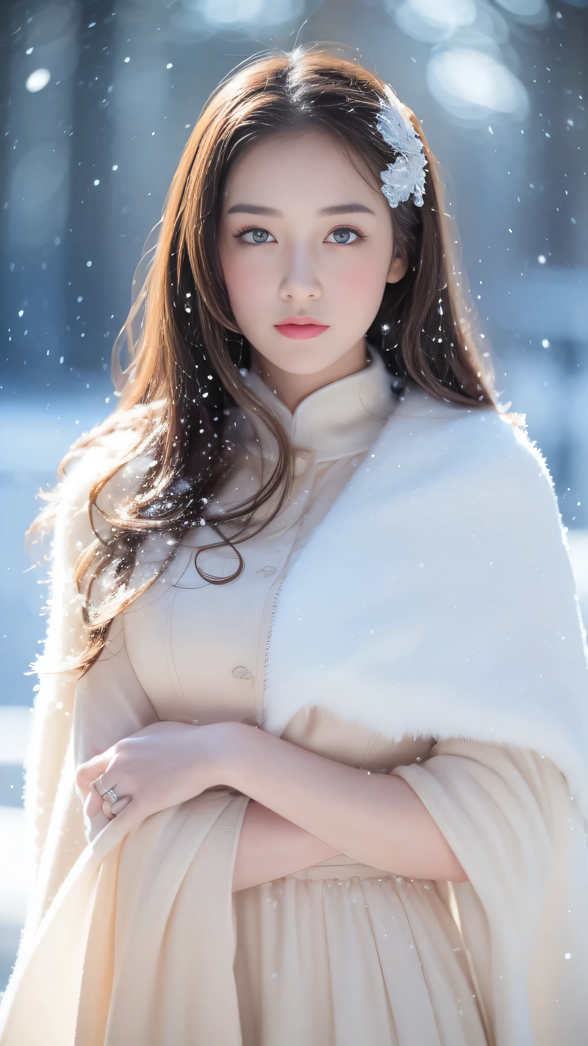 (highest quality, 8k, 32K，details are very clear),Realistic, High resolution, 1 Japanese Women, alone, (Lolita Costume)，Gorgeous costumes，Facing the audience，(Upper Body，Upper limbs)， Beautiful Eyes, brown hair, Ring-shaped eyes, (outside，Heavy snowfall，thick fur cape，Cover with snow)，Snowfield，blue eyes，highest qualityのイラスト，Detailed facial features