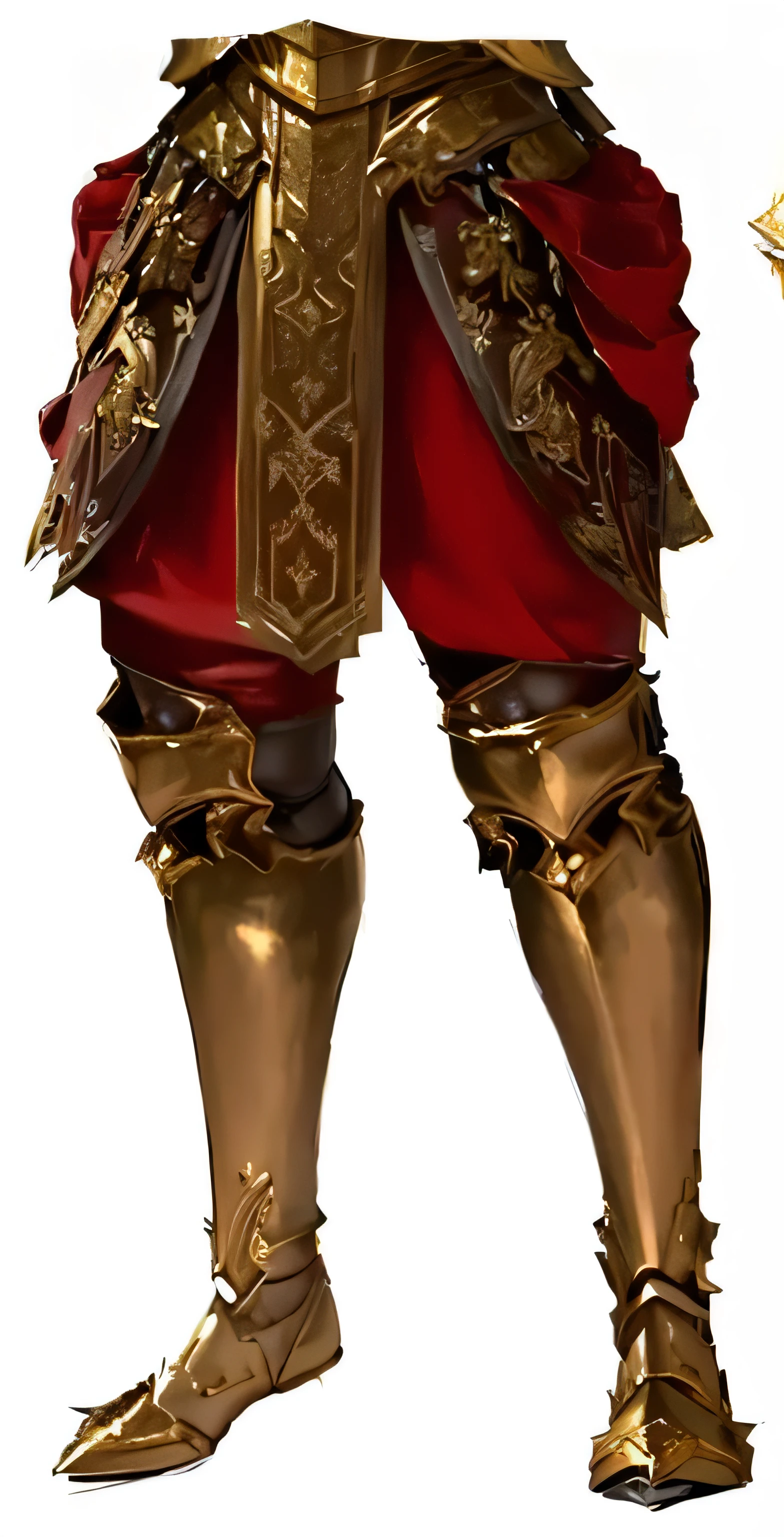 a close up of a person in a costume with a sword, detailed legs, red and gold sumptuous garb, detailed legs towering over you, legs visible, very detailed and rich clothing, wearing gilded red royal robes, wearing gilded red robes, ornamented armor, large thighs, thighs close up, detailed legs looming over you, morrowind armor, golden etched armor