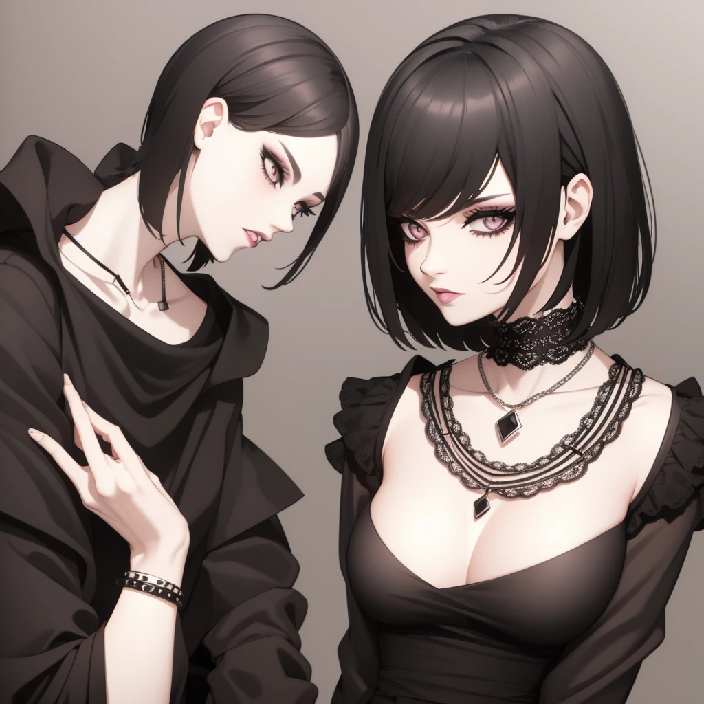 Create a goth girl with short black hair,and with eye shadow,no bad quality,em 2D,dressed in black,and with a silver necklace