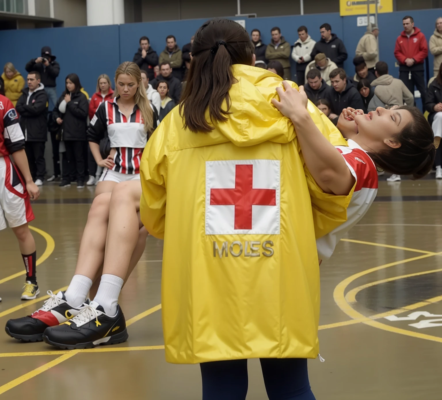 a glossy yellow laquered red-crossjacket, a laquered yellow red-cross-rain-jacket, a shiny yellow uniform-jacket, a high shine yellow plastic ,coat, a yellow friesennerz, in the center of the picture stands with her back to us a blonde young woman in a very shiny yellow coat, the woman in the yellow raincoat stands on the playing field of a crowded sports hall, the woman in the shiny yello rain coat turns her back to us and is holding a man in front of her in short and very dull sportswear in her arms, the blonde woman in the raincoat carries an injured athlete away from us, to the left of the blonde woman's back you can see the athlete's male legs hanging over the woman's arm, to the right of the blonde woman's back you can see In profile you can see the upper body and head of the injured man whose gaze is distorted in pain and directed upwards towards the ceiling, the athlete's husband on the right grabs the blonde woman's shoulder with his arm, very painful scene, sports injury, severe pain, a woman is carrying one man on the arm, a man is injured and has to be carried, compassion, photo, ultra-realistic shot, sports photography