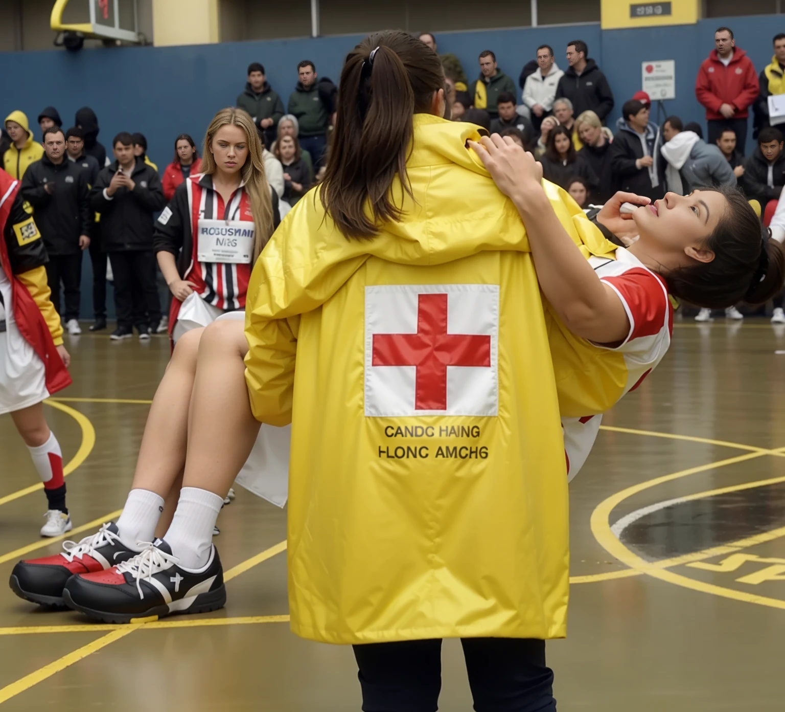 a glossy yellow laquered red-crossjacket, a laquered yellow red-cross-rain-jacket, a shiny yellow uniform-jacket, a high shine yellow plastic ,coat, a yellow friesennerz, in the center of the picture stands with her back to us a blonde young woman in a very shiny yellow coat, the woman in the yellow raincoat stands on the playing field of a crowded sports hall, the woman in the shiny yello rain coat turns her back to us and is holding a man in front of her in short and very dull sportswear in her arms, the blonde woman in the raincoat carries an injured athlete away from us, to the left of the blonde woman's back you can see the athlete's male legs hanging over the woman's arm, to the right of the blonde woman's back you can see In profile you can see the upper body and head of the injured man whose gaze is distorted in pain and directed upwards towards the ceiling, the athlete's husband on the right grabs the blonde woman's shoulder with his arm, very painful scene, sports injury, severe pain, a woman is carrying one man on the arm, a man is injured and has to be carried, compassion, photo, ultra-realistic shot, sports photography