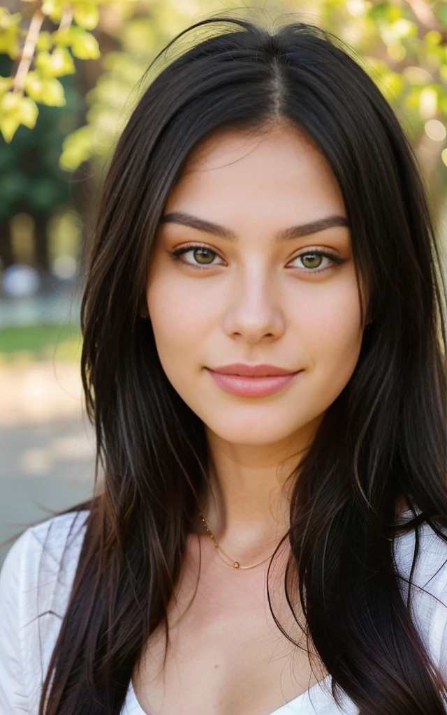 A photorealistic portrait of a 25-year-old Russian girl with long black hair and striking brown eyes. It should have a natural and accessible expression and be illuminated by soft sunlight. The background should be a picturesque outdoor setting, perhaps a sunny park or a beach. Capture this image with a high-resolution photo using an 85mm lens for a flattering perspective. perfect body, she smile