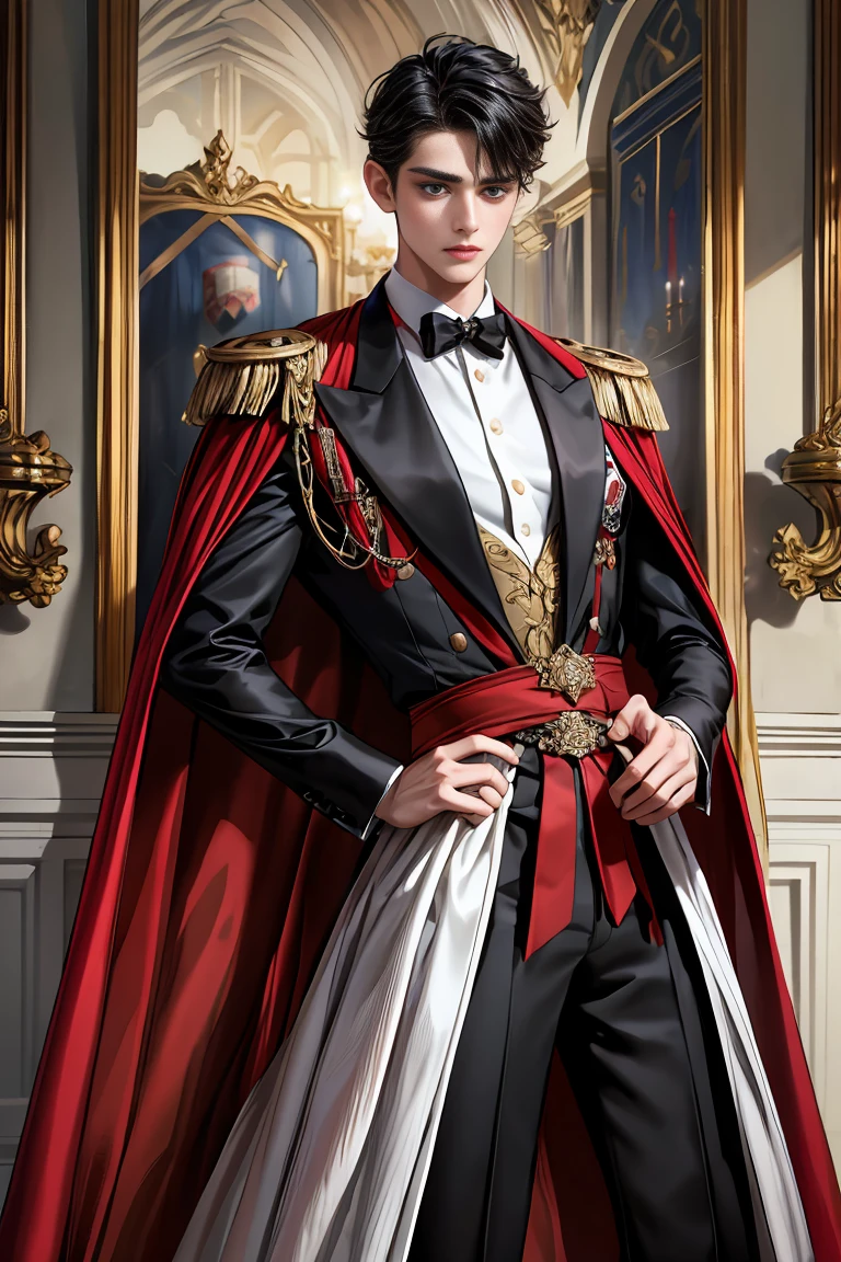 
masterpiece, 最high quality, high quality, 1 boy, alone, Male focus, Watching the audience,  Messy black hair, Adorable big blue eyes, White people, Noble, Noble,Sexy voluminous black and red cape、Tuxedo、A very voluminous, large, very large, very large, long, long red and black cape with a high stand-up collar, reaching down to the floor, made of a lot of fabric., ,Cute beautiful boys,Cute, cute, kind, handsome guy