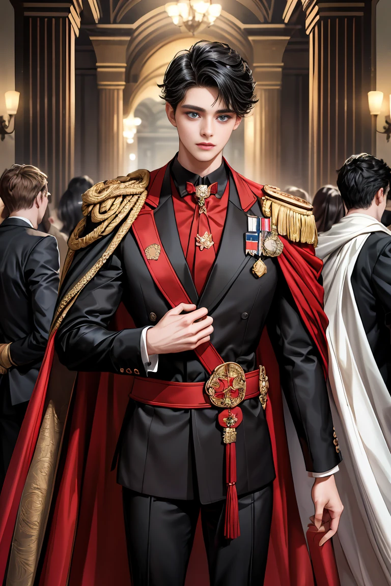 masterpiece, 最high quality, high quality, 1 boy, alone, Male focus, Watching the audience, Messy black hair, Adorable big blue eyes, White people, Noble, Noble,Sexy voluminous black and red cape、Tuxedo、A very voluminous, large, very large, very large, long, long red and black cape with a high stand-up collar, reaching down to the floor, made of a lot of fabric., 17 years old,Cute beautiful boys,Cute, cute, kind, handsome guy