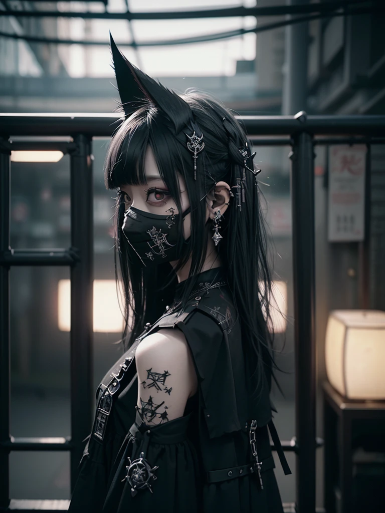 Highest quality、8K、masterpiece：1.3、Gothic Punk、The inside color is red、Black-haired、hair ornaments、Beautiful sexy adult woman、creative、Dark Fantasy Style、Neogoth、Goth Fashion：1.2、High resolution、masterpiece、Highest quality、頭w:1.3、((Hasselblad Photos))、Fine skin、Sharp focus、(Cinematic lighting)、Realistic textured hair、((Black Mask)),Esbian all over、((View from below))Sulky look、Menhera、Mine system
