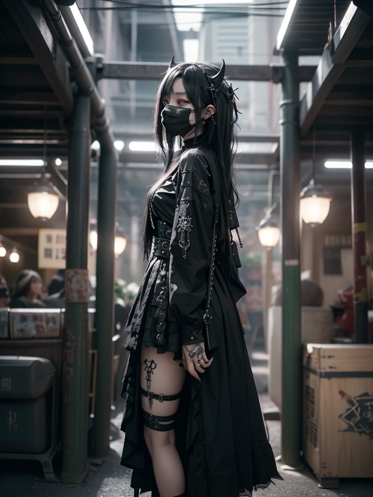 Highest quality、8K、masterpiece:1.3、Gothic Punk、The inside color is red、Black-haired、hair ornaments、Beautiful sexy adult woman、creative、Dark Fantasy Style、Neogoth、Goth Fashion:1.2、High resolution、masterpiece、Highest quality、頭w:1.3、((Hasselblad Photos))、Fine skin、Sharp focus、(Cinematic lighting)、Realistic textured hair、((Black Mask)),Esbian all over、((View from below))Sulky look、Menhera、Mine system