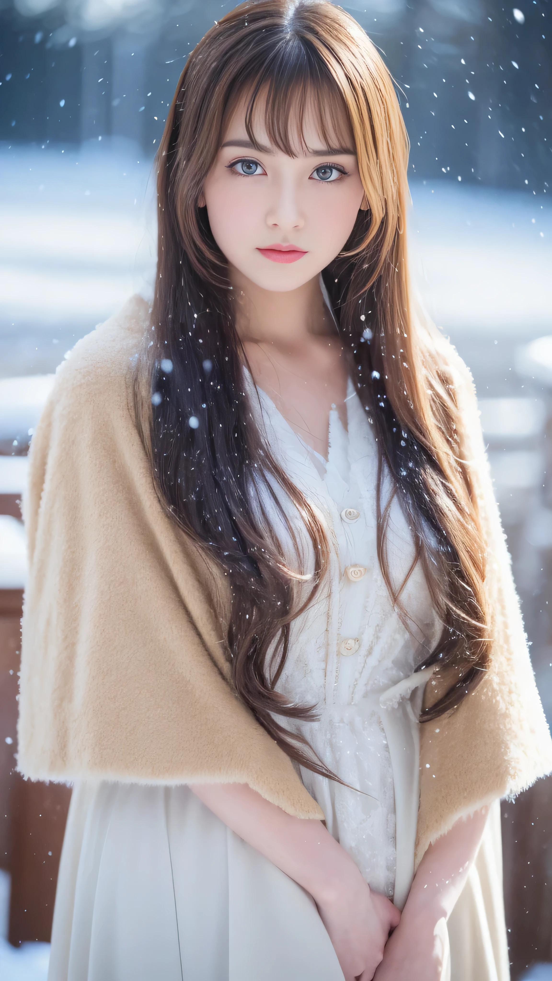(highest quality, 8k, 32K,details are very clear),Realistic, High resolution, 1 Japanese Women, alone, (Lolita Costume),Gorgeous costumes,Facing the audience,(Upper Body,Upper limbs), Beautiful Eyes, brown hair, Ring-shaped eyes, (outside,Heavy snowfall,thick fur cape,Cover with snow),Snowfield,blue eyes,highest qualityのイラスト,Detailed facial features