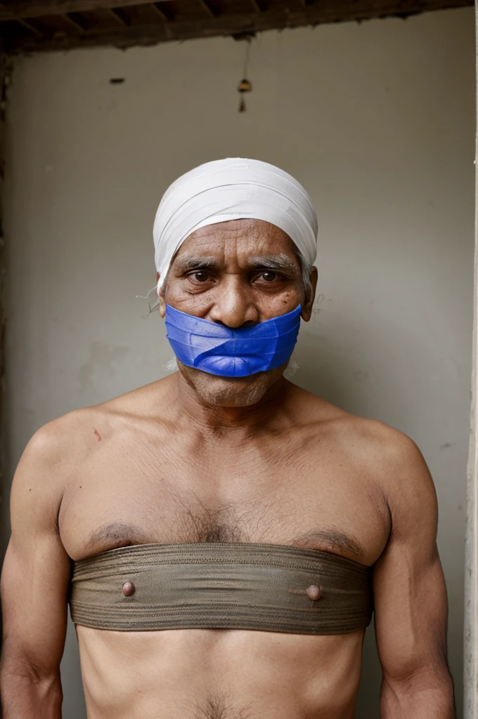 Old indian man, white singlet, tape gag, hairy chest, mouth gag, duct tape