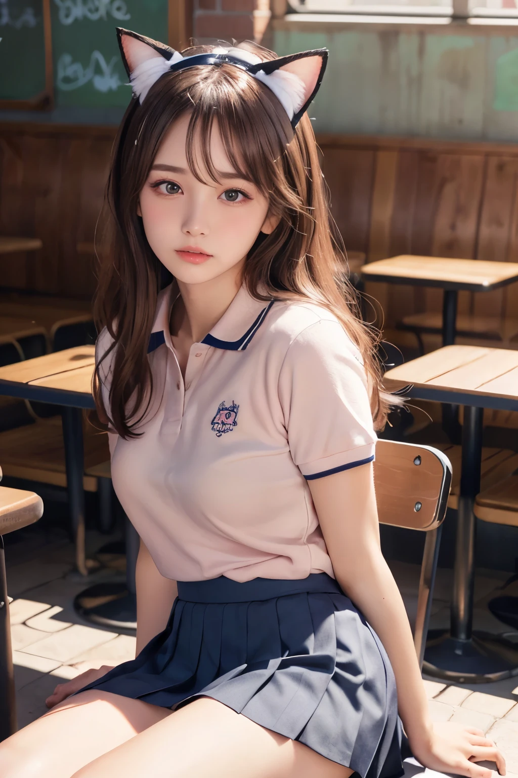 (Cat ears:1.3), (Showing off panties:1.2), (Professional portrait, Realistic and perfectly shaped subjects:1.3), (masterpiece, highest quality:1.2), (Realistic, Ultra-realistic, Realistic:1.3), (ultra High resolution), High resolution, Intricate details, Super detailed, (Highly detailed CG, unity 8k wallpaper:1.3), Clear image,
break
(1 Japanese girl, 16 years old), (cute, Slender figure), (Perfect Anatomy, Correct limbs:1.2), (Perfect hands), Perfect Arms, Beautiful and delicate face down to the last detail, Beautiful and delicate eye and eye highlights, (Very thin and delicate、not too long lashes), (Captivating eyes, Beautifully detailed eyes and face), light makeup, Pink Lip, Lip gloss, Stylish face, (Shiny skin, Realistic skin detail), Brown Hair, medium chest
break
((school uniform)), (High school girl), 
(White polo shirt:1.2), (Pleated skirt:1.2),
(Black socks), shirt open
break
(cafe:1.3), sitting  , (Cowboy Shot), break 
(((blush:1.4))), ((Embarrassing:1.4)), (((shy:1.5)))
break
from below
break