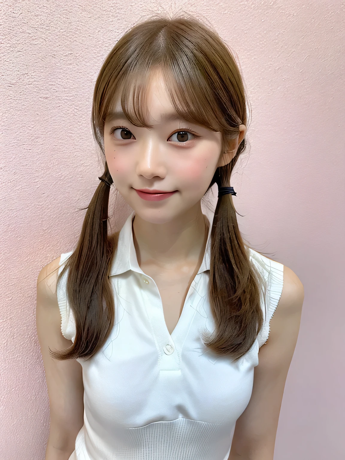 One person、11 years old、((Full body photo)),slender、woman、White drool coming out of the mouth、smile、Blonde、Twin tails、 Fair skin, messy hair, super cute、Soft and Face、8K resolution、Surreal、Ultra high definition、 A-cup small breasts（（Highest resolution、8K、masterpiece：1.3））、Ultra-fine face、Ultra Fine Lips、Beautiful Eyes、double eyelid,Pink wall、Sleeveless light blue polo shirt、White Skirt、Thighs、thin,Thighsが見える、Shapely small breasts、