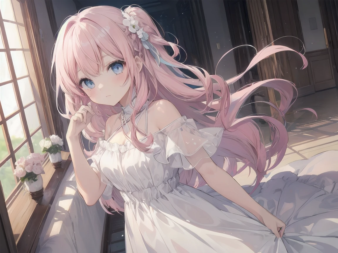 Cute Girls、Pink Hair、Long Hair、Light blue eyes、White dress