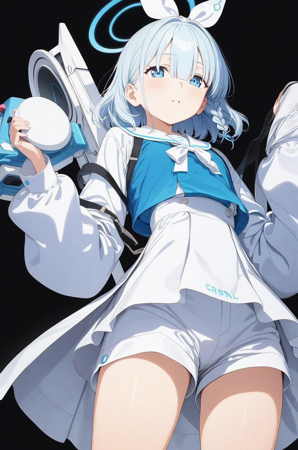 best quality, amazing quality, very aesthetic, absurdres, 1girl, arona (blue archive), blue archive, blue eyes, shorts, (artist official art:1.5), (from below), (realistic face), (narrowed eyes), (cowboy shot), ), panties, (thigh), expressive eyes, perfect face, 4k, extremely detailed anime illustration, extremely detailed eyes, enhanced details, perfect anatomy, light rays, photo background, extremely delicate body, smooth skin, feminine expression, (black background:1.5), cristal clear eyes, beautiful face,