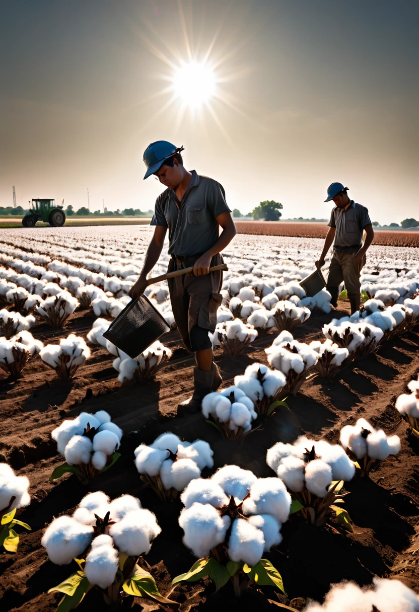 A high quality professional photo of workers toiling in [cotton fields] under the scorching sun, depicting [hard work] and dedication on a hot day, hyper detailed, urbancore style, anna fussli influence, 8k resolution.