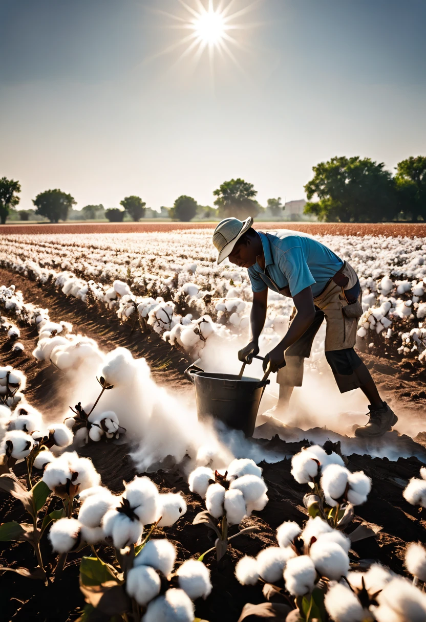 A high quality professional photo of workers toiling in [cotton fields] under the scorching sun, depicting [hard work] and dedication on a hot day, hyper detailed, urbancore style, anna fussli influence, 8k resolution.