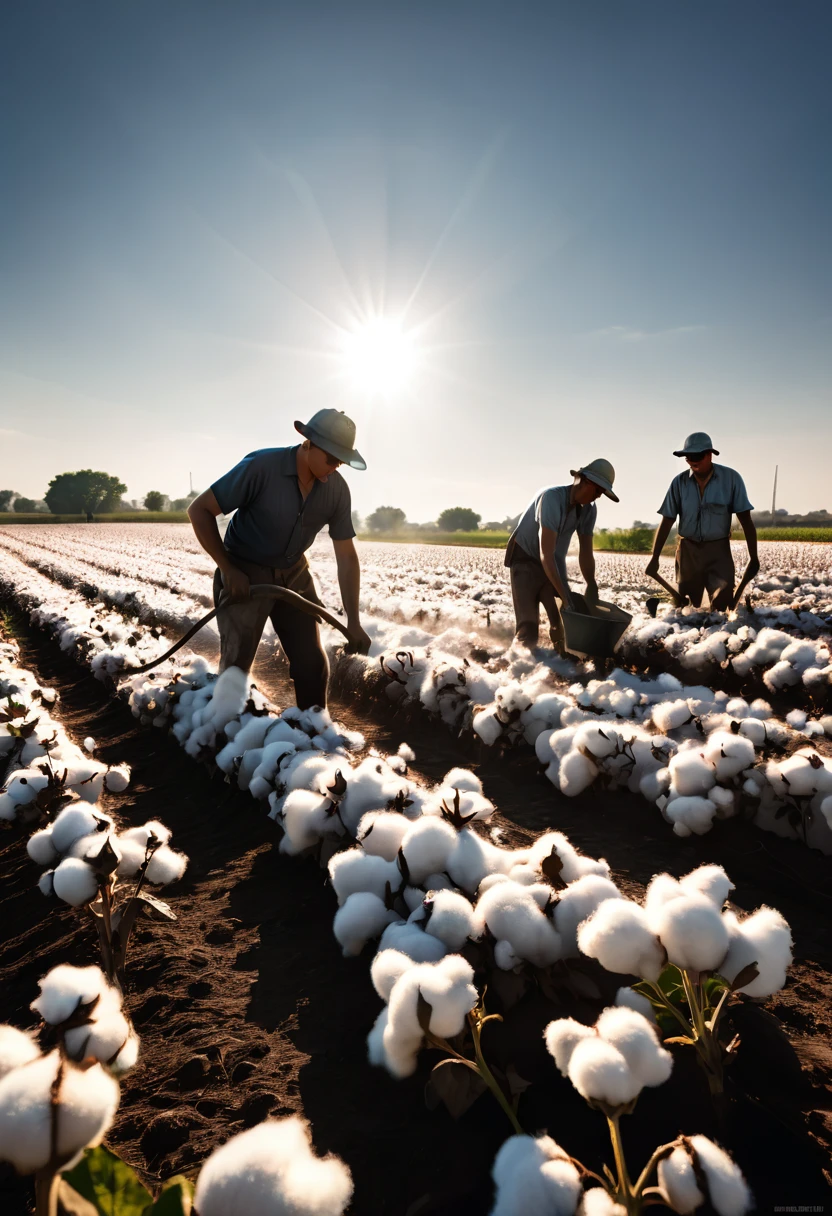 A high quality professional photo of workers toiling in [cotton fields] under the scorching sun, depicting [hard work] and dedication on a hot day, hyper detailed, urbancore style, anna fussli influence, 8k resolution.