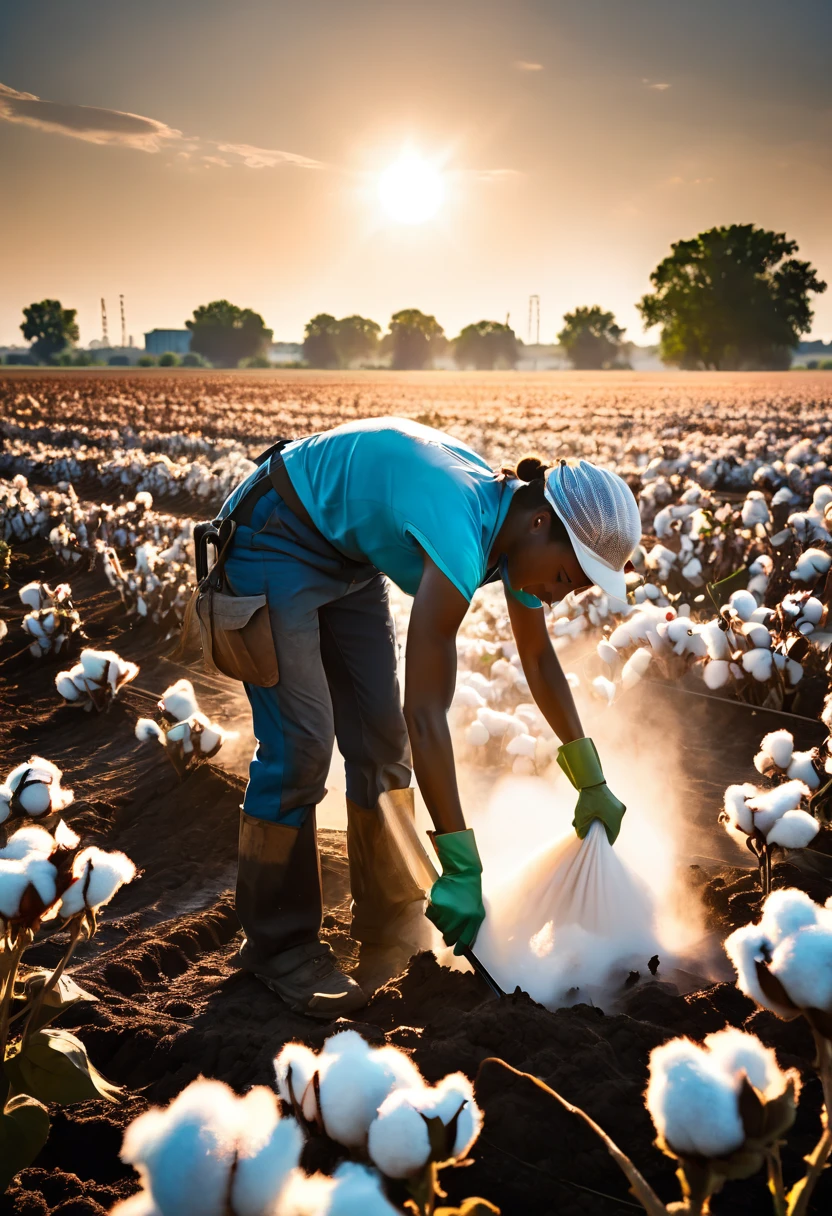 A high quality professional photo of workers toiling in [cotton fields] under the scorching sun, depicting [hard work] and dedication on a hot day, hyper detailed, urbancore style, anna fussli influence, 8k resolution.