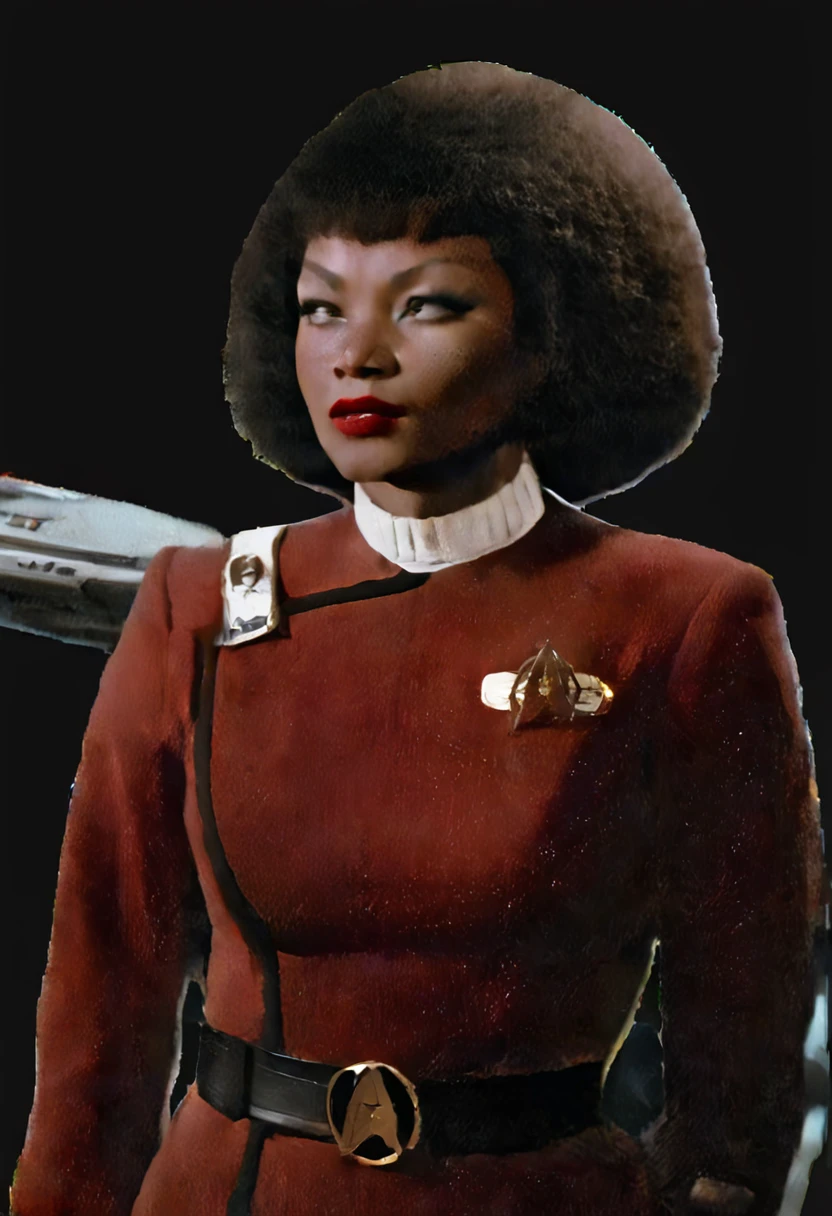 graphic novel comics, highly detailed, wide angle , delicate, large breasts, feminine,side (bob haircut1:1), young lady,african,very dark skin,afro,makeup,red lips, star trek , (twokunf red uniform:1.25),black pants , white shoulder band,on a starship,calm