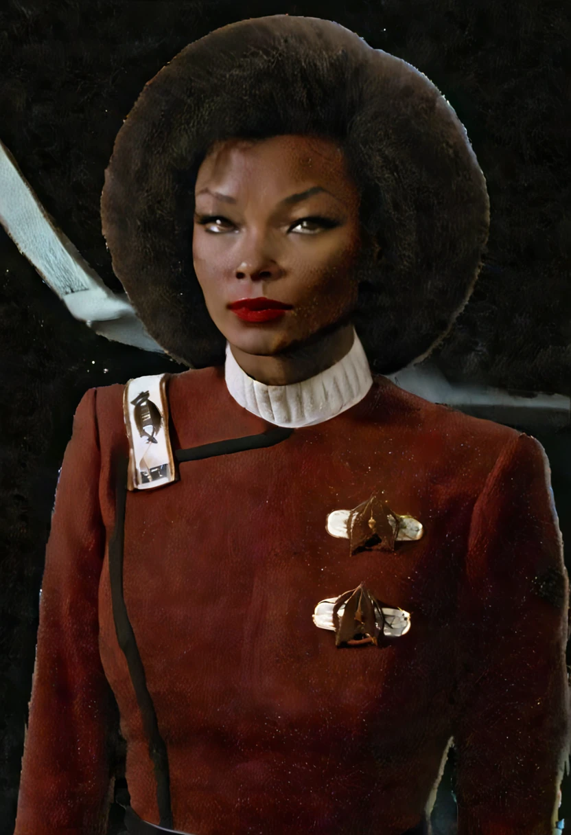 graphic novel comics, highly detailed, wide angle , delicate, large breasts, feminine,side (bob haircut1:1), young lady,african,very dark skin,afro,makeup,red lips, star trek , (twokunf red uniform:1.25),black pants , white shoulder band,on a starship,calm