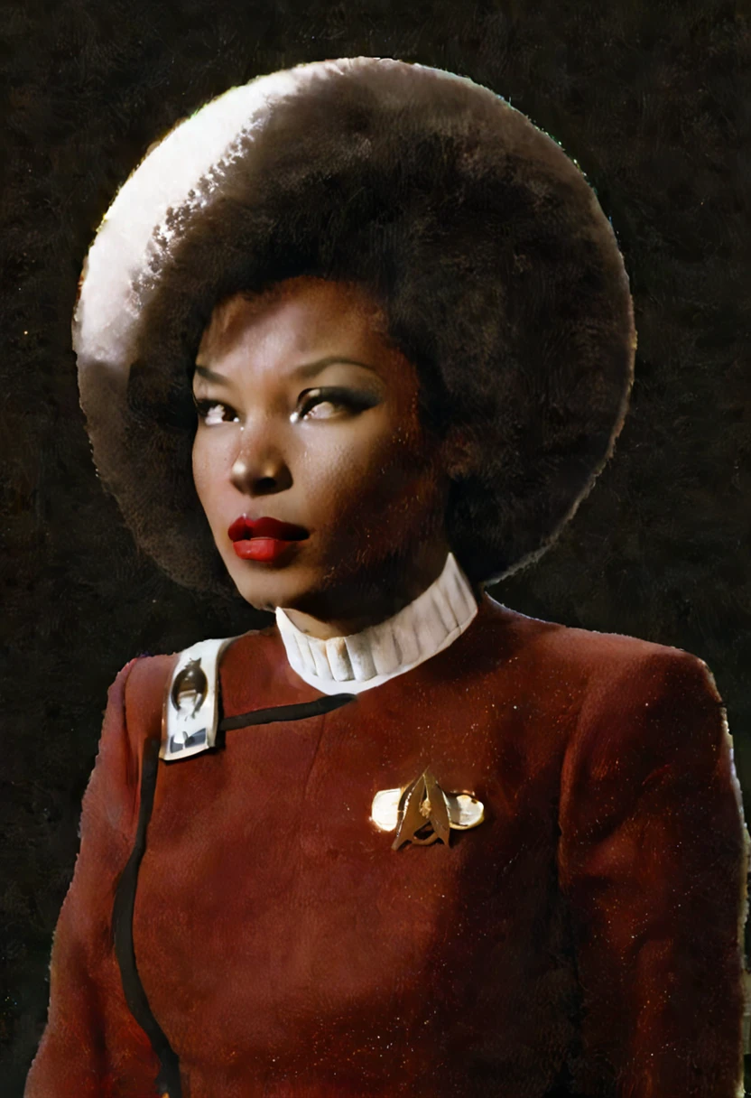 graphic novel comics, highly detailed, wide angle , delicate, large breasts, feminine,side (bob haircut1:1), young lady,african,very dark skin,afro,makeup,red lips, star trek , (twokunf red uniform:1.25),black pants , white shoulder band,on a starship,calm