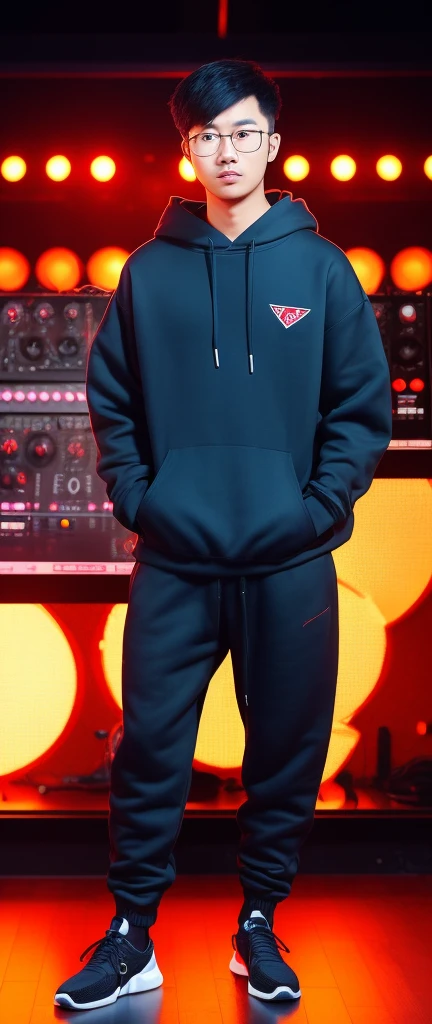 21 year old Korea boy, he is wearing a oversize blue Hoodie XXL, he is wearing black Jogger trousers, he is wearing black sneakers, he is wearing glasses, he is Master of Ceremony in front of a DJ set , NIGHTCLUB, full body,  he is buzz cut Hair, foot