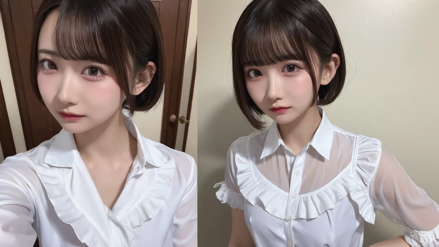 18-year-old、Ultra HD、Ultra-high resolution、Realistic、Sweaty skin、Bob Hair　Frilled shirt、Bob Hair、suit、White shirt、recruit-suit、bob-hair、Transparent nipples