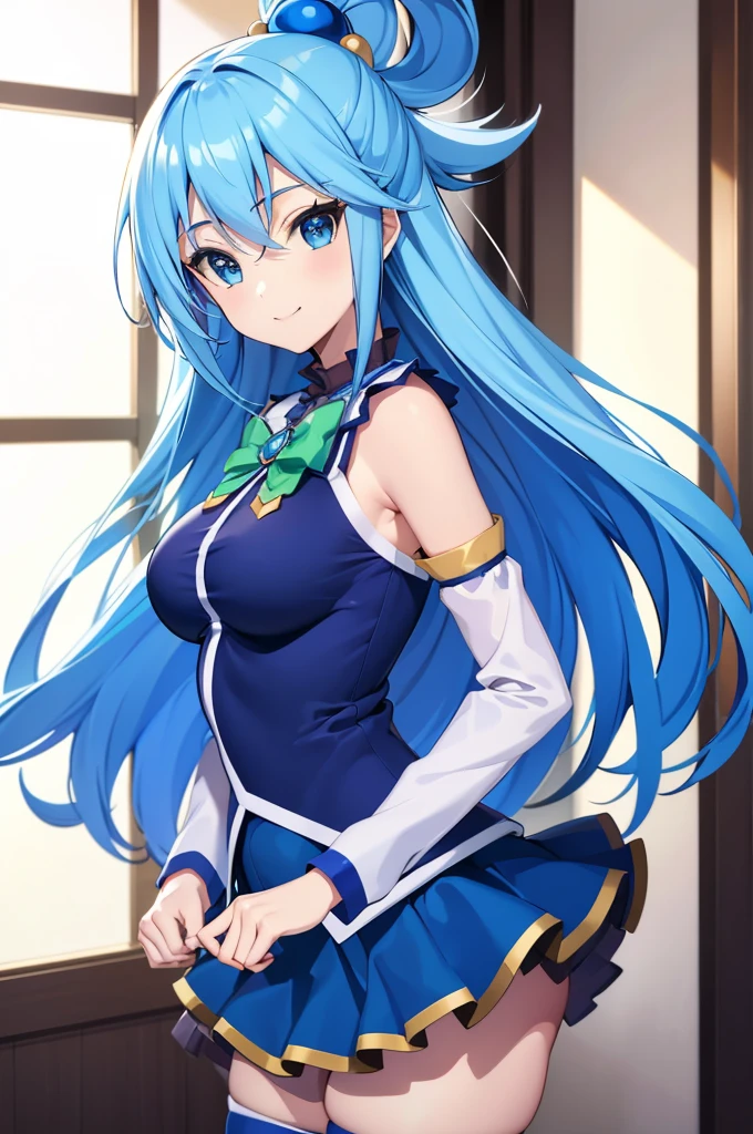 masterpiece, best quality, high resolution, best illustration, super fine illustration, (official art:0.7), (anime screencap:0.8), detailed beautiful face and eyes, anime keyvisual, (perfect anatomy:1.1), 8k portrait, (detail focus fingers:1.2), 
1girl,
Aqua, 
Aqua \(konosuba\),
long hair, single hair ring, 
blue hair, 
(blue eyes:1.2), (beatiful detailed eyes:1.2), 
green bow, 
medium breasts, 
blue shirt, blue skirt, white thighhighs, bare shoulders, detached sleeves, zettai ryouiki, 
looking at viewer, 
cowboy shot, 
natural light, background of indoor, smile, 