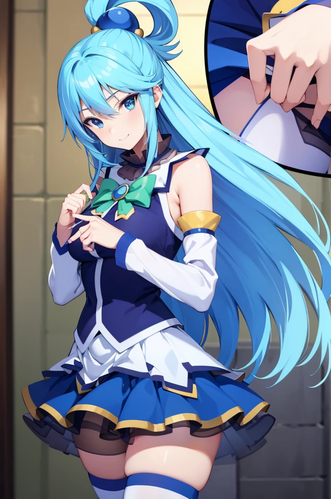 masterpiece, best quality, high resolution, best illustration, super fine illustration, (official art:0.7), (anime screencap:0.8), detailed beautiful face and eyes, anime keyvisual, (perfect anatomy:1.1), 8k portrait, (detail focus fingers:1.2), 
1girl,
Aqua, 
Aqua \(konosuba\),
long hair, single hair ring, 
blue hair, 
(blue eyes:1.2), (beatiful detailed eyes:1.2), 
green bow, 
medium breasts, 
blue shirt, blue skirt, white thighhighs, bare shoulders, detached sleeves, zettai ryouiki, 
looking at viewer, 
cowboy shot, 
natural light, background of indoor, smile, 