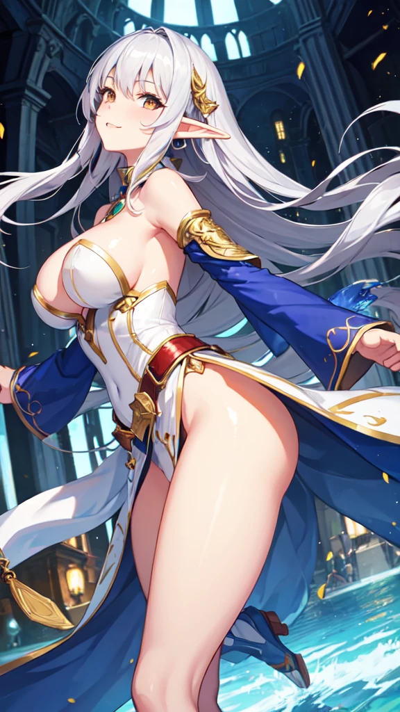 cute, lovely, beautiful, dynamic angle, 1 elf girl, solo, 1woman, , long hair, silver hair, brown eyes,