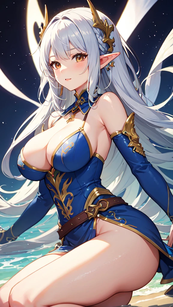 cute, lovely, beautiful, dynamic angle, 1 elf girl, solo, 1woman, big breasts, long hair, silver hair, brown eyes,