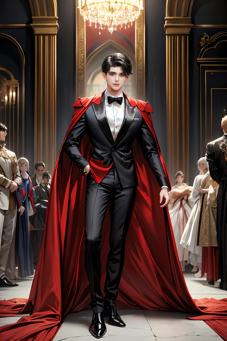 masterpiece, 最high quality, high quality, 1 boy, alone, Male focus, Watching the audience, Messy black hair, Adorable big blue eyes, White people, Noble, Noble,Sexy voluminous black and red cape、Tuxedo、A very voluminous, large, very large, very large, long, long red and black cape with a high stand-up collar, reaching down to the floor, made of a lot of fabric., 17 years old,Cute beautiful boys,Cute, cute, kind, handsome guy