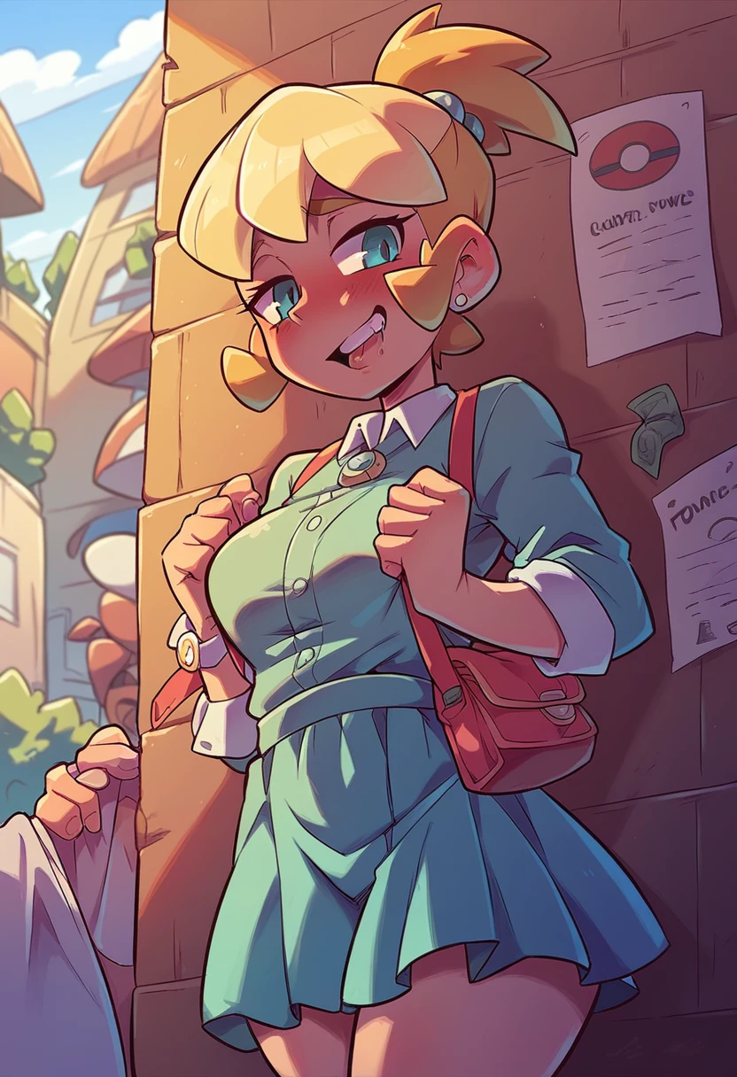 Posh blonde pokemon trainer girl dresses like a prostitute Young lady looking to the left with her hands holding some clothes