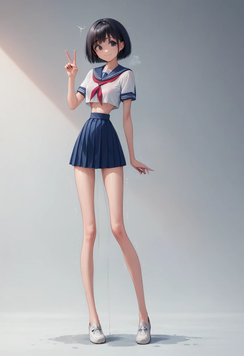 (masterpiece, best quality:1.8), front shot, 1girl, kawaii, (micro waist, very long legs:1.3), Black hair, short bob hair, short height, scrawny and thin body, Light Skin, cute big eyes, cute beautiful thin face, forced smile, serafuku, pigeon-toed, wet and sweaty, visible ribs, V sign, Trembling