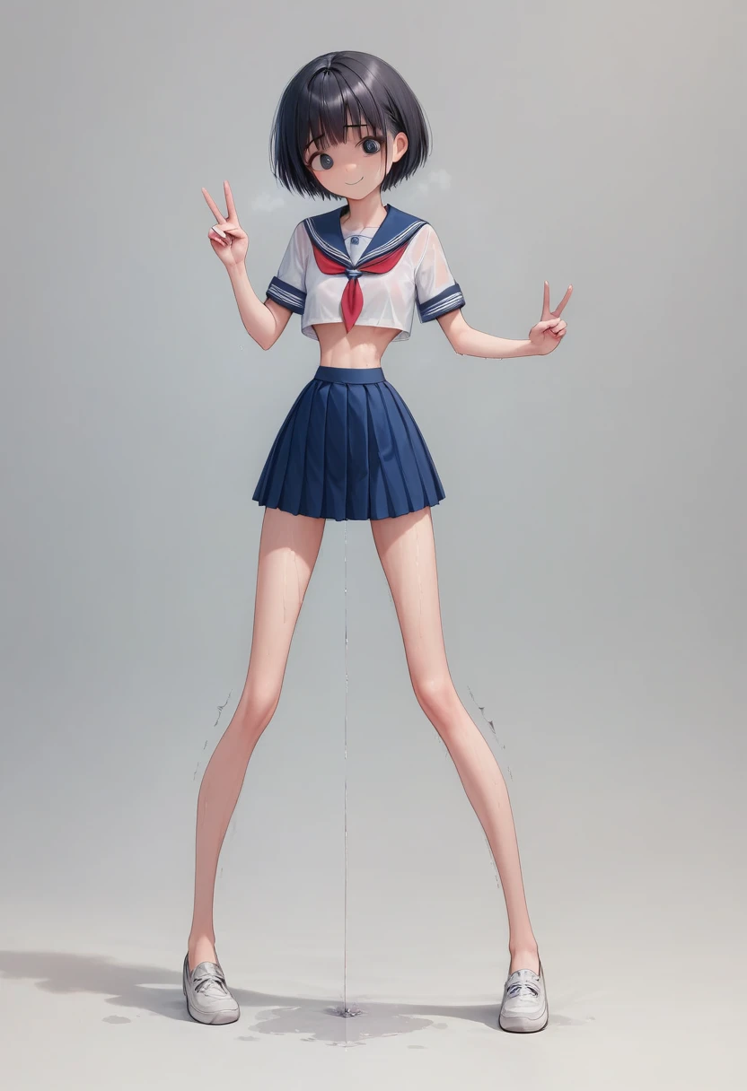 (masterpiece, best quality:1.8), front shot, 1girl, kawaii, (micro waist, very long legs:1.3), Black hair, short bob hair, short height, scrawny and thin body, Light Skin, cute big eyes, cute beautiful thin face, forced smile, serafuku, pigeon-toed, wet and sweaty, visible ribs, V sign, Trembling