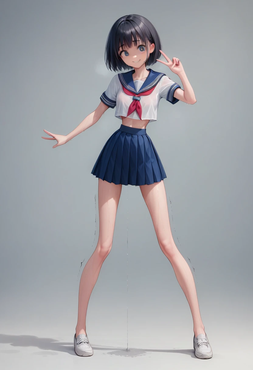 (masterpiece, best quality:1.8), front shot, 1girl, kawaii, (micro waist, very long legs:1.3), Black hair, short bob hair, short height, scrawny and thin body, Light Skin, cute big eyes, cute beautiful thin face, forced smile, serafuku, pigeon-toed, wet and sweaty, visible ribs, V sign, Trembling