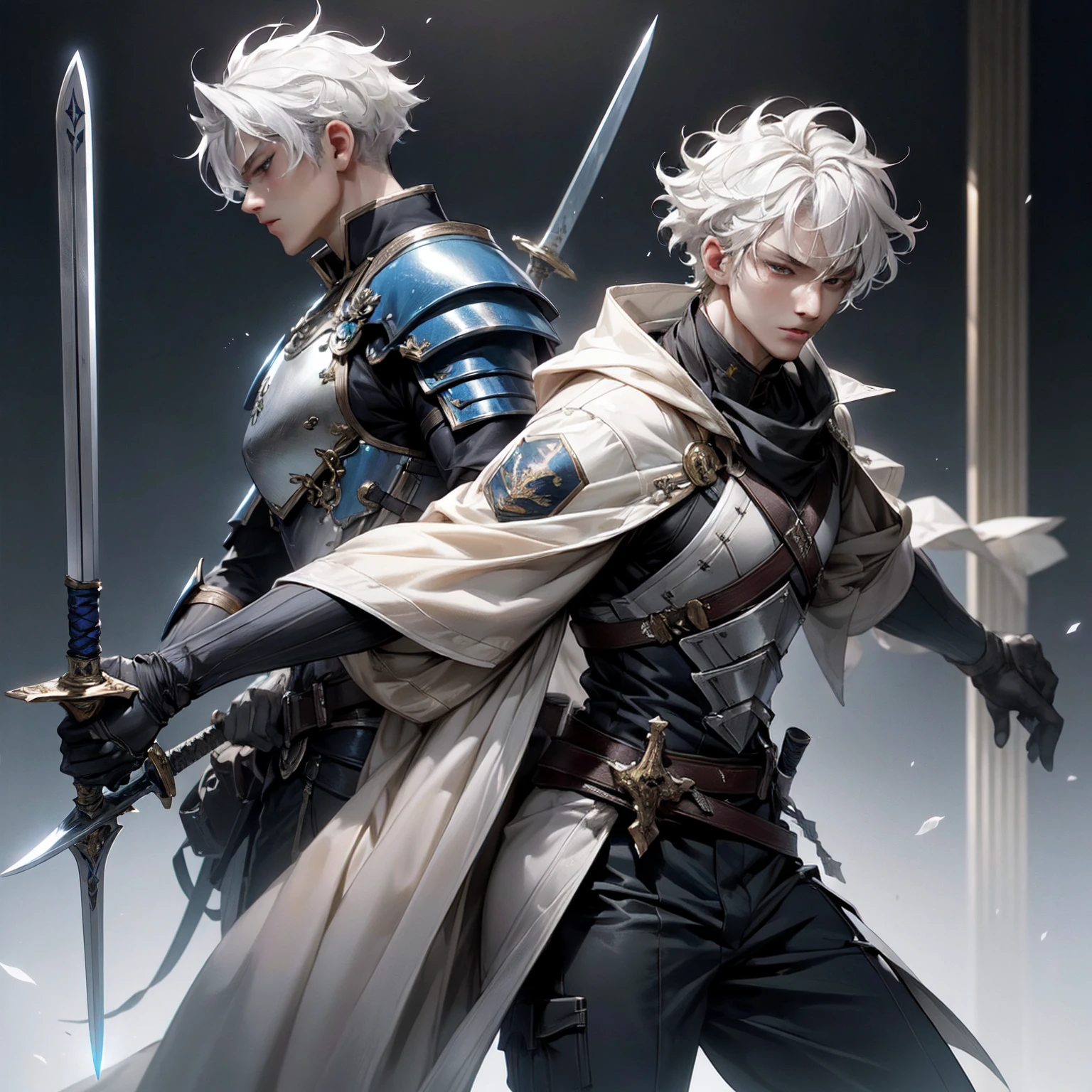 (masterpiece:1.2, best quality),Extremely detailed,Highest definition,8K,Anime CG, ung man,Tall,White hair,Medium to short hair,Slightly curly hair,Bangs on both sides cover the ears,Gray eyes,Knight symbol,Mercenary status,Modern mercenary style clothing,Tactical Clothing,Fighting Stance,A sword with a huge blade carried in one hand,Sword body dark blue,Moonlight Blade,Cold expression,Well-proportioned body,Gorgeous combat costumes,The background is a lighted corridor