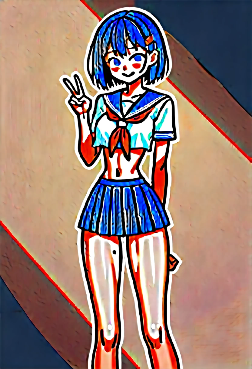 (masterpiece, best quality:1.8), front shot, 1girl, kawaii, (micro waist, very long legs:1.3), Black hair, short bob hair, short height, scrawny and thin body, Light Skin, cute big eyes, cute beautiful thin face, forced smile, serafuku, pigeon-toed, wet and sweaty, visible ribs, V sign, Trembling