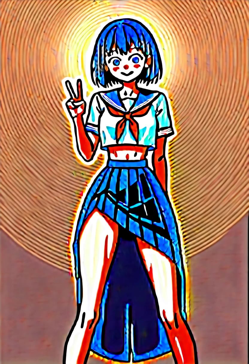 (masterpiece, best quality:1.8), front shot, 1girl, kawaii, (micro waist, very long legs:1.3), Black hair, short bob hair, short height, scrawny and thin body, Light Skin, cute big eyes, cute beautiful thin face, forced smile, serafuku, pigeon-toed, wet and sweaty, visible ribs, V sign, Trembling