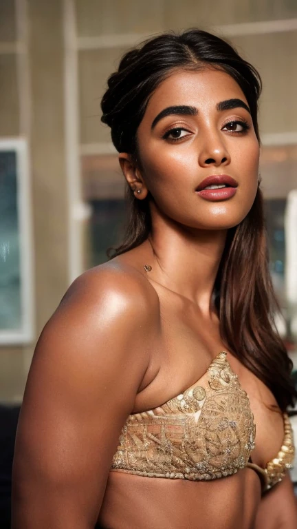 extreme close up photo of semi naked Pooja hegde,slim, bikini, bedroom, (cinematic:1.3), intricate details, (ArtStation:1.2), cold room, lean eyebrow, french braid hair,pooja hegde