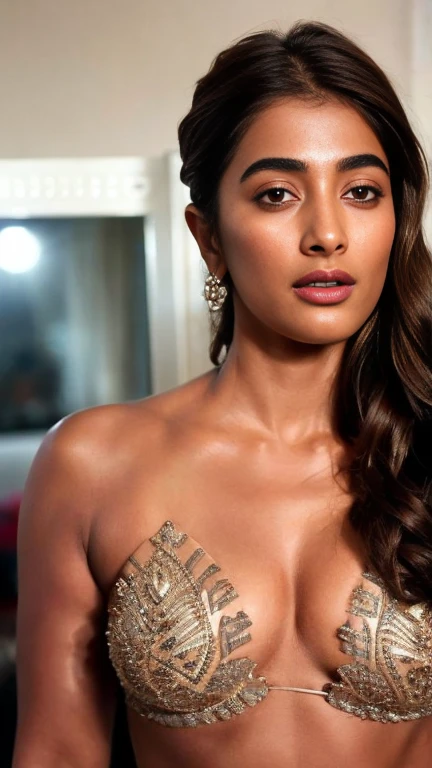 extreme close up photo of semi naked Pooja hegde,slim, bikini, bedroom, (cinematic:1.3), intricate details, (ArtStation:1.2), cold room, lean eyebrow, french braid hair,pooja hegde