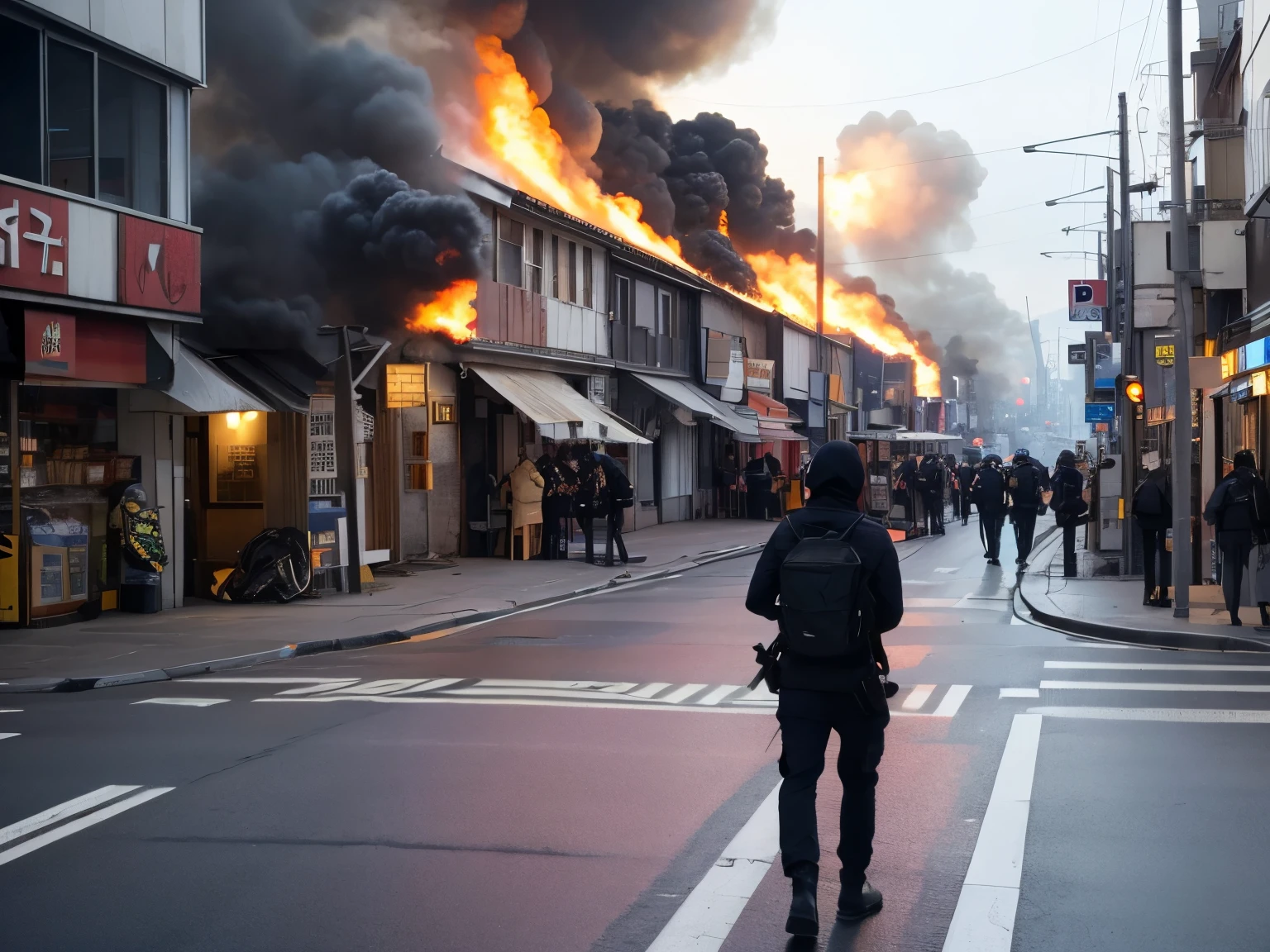 A town hit by terrorism、bustling street、burning,